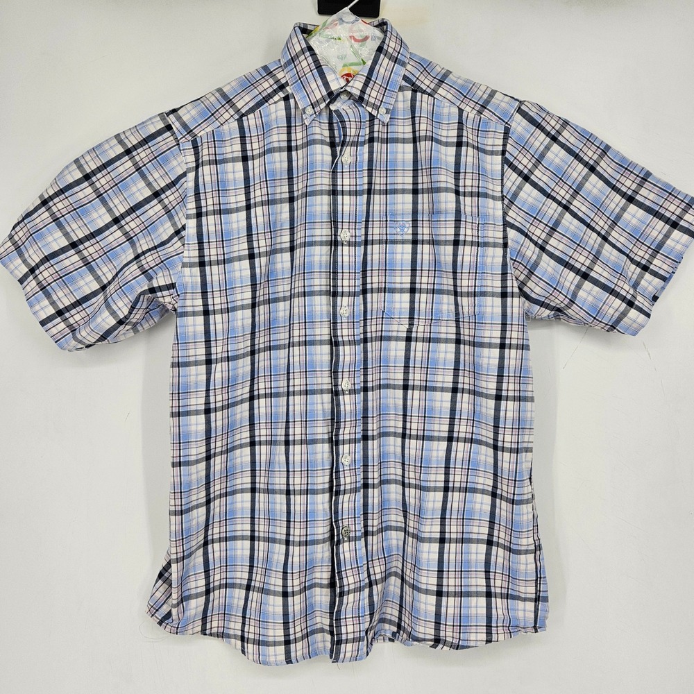 Ariat Pro Series Shirt Mens Medium Button Down Short Sleeve Blue Plaid Western